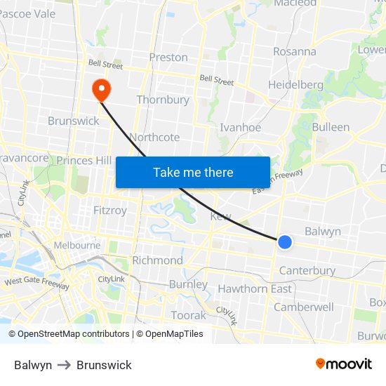 Balwyn to Brunswick map