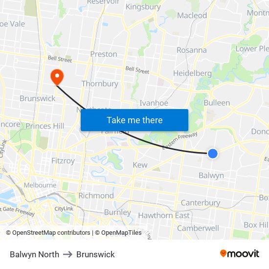 Balwyn North to Brunswick map