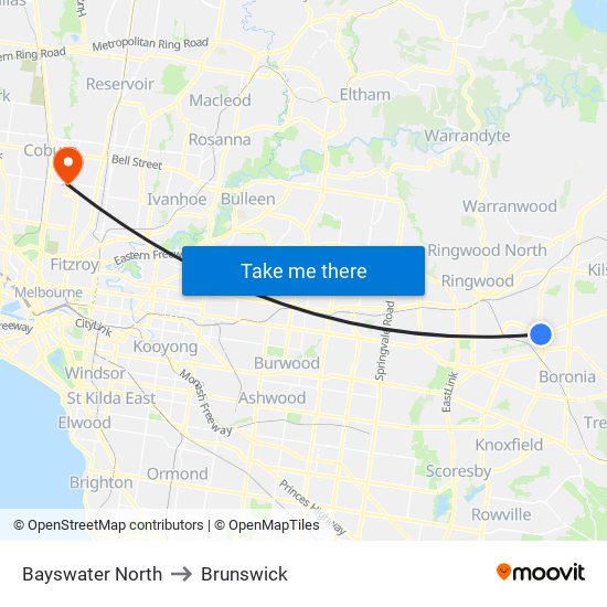 Bayswater North to Brunswick map