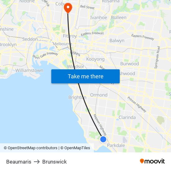 Beaumaris to Brunswick map