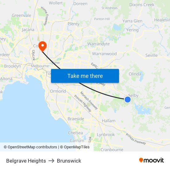 Belgrave Heights to Brunswick map