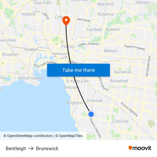 Bentleigh to Brunswick map