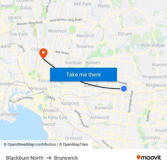 Blackburn North to Brunswick map