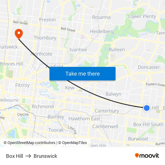 Box Hill to Brunswick map