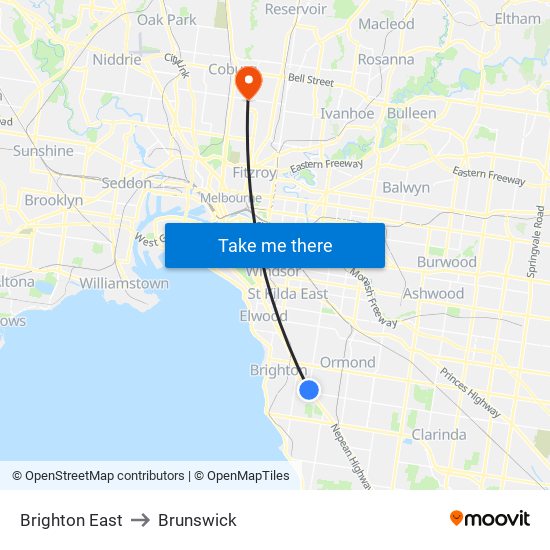 Brighton East to Brunswick map