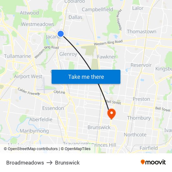 Broadmeadows to Brunswick map