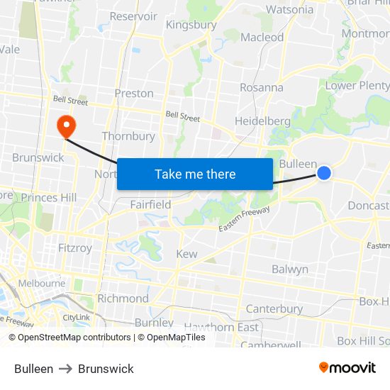 Bulleen to Brunswick map