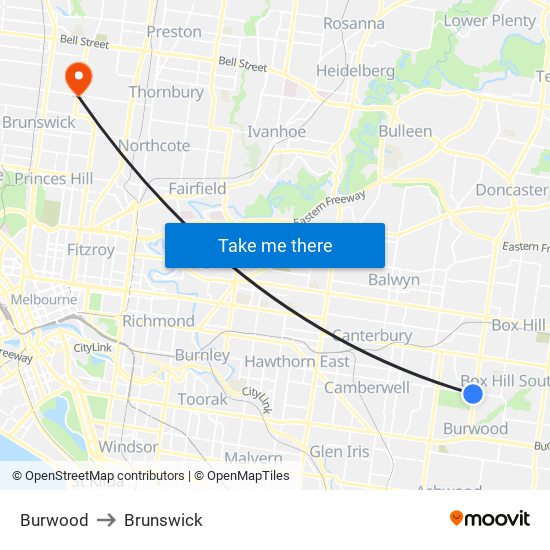 Burwood to Brunswick map