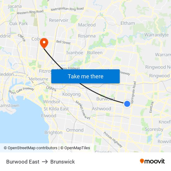 Burwood East to Brunswick map