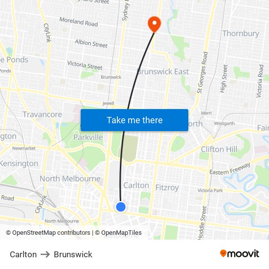 Carlton to Brunswick map