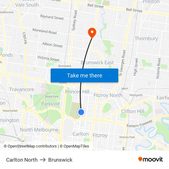 Carlton North to Brunswick map