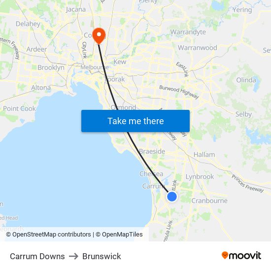Carrum Downs to Brunswick map