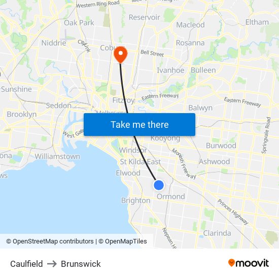 Caulfield to Brunswick map