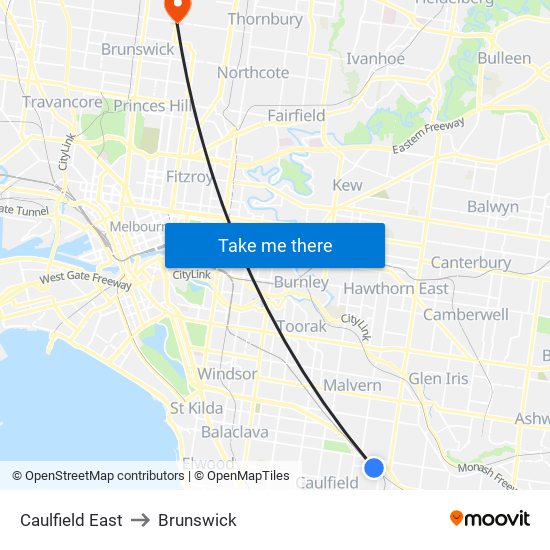 Caulfield East to Brunswick map