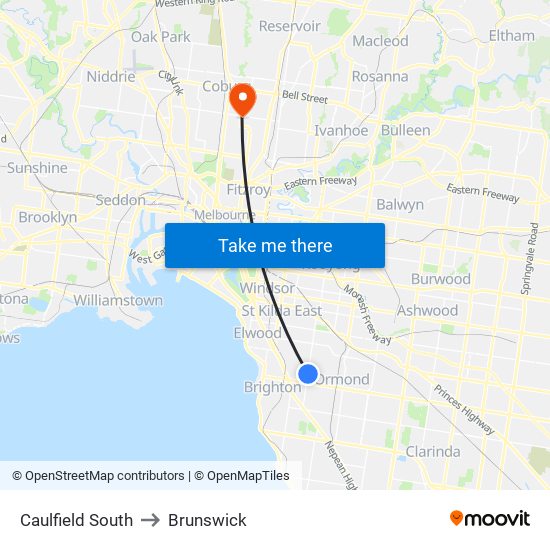 Caulfield South to Brunswick map