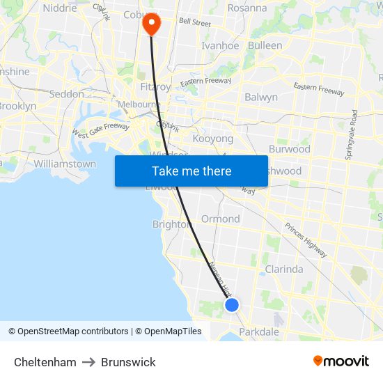 Cheltenham to Brunswick map