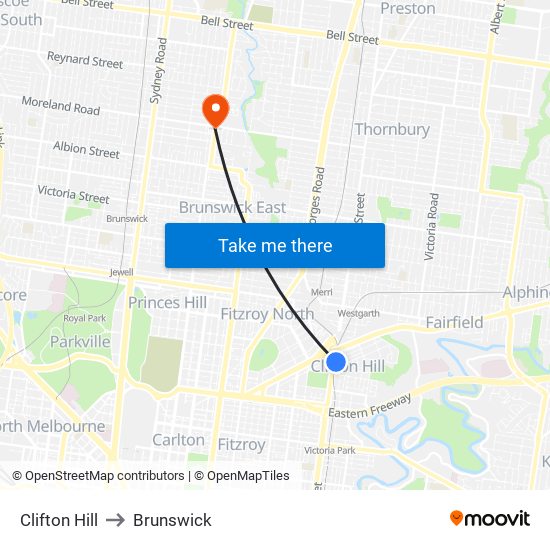 Clifton Hill to Brunswick map