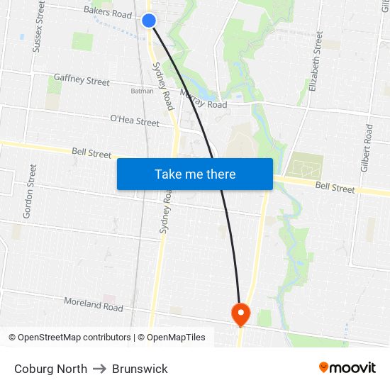 Coburg North to Brunswick map