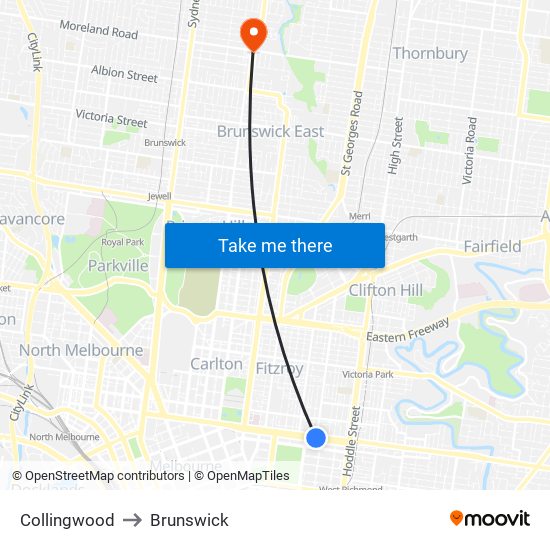 Collingwood to Brunswick map