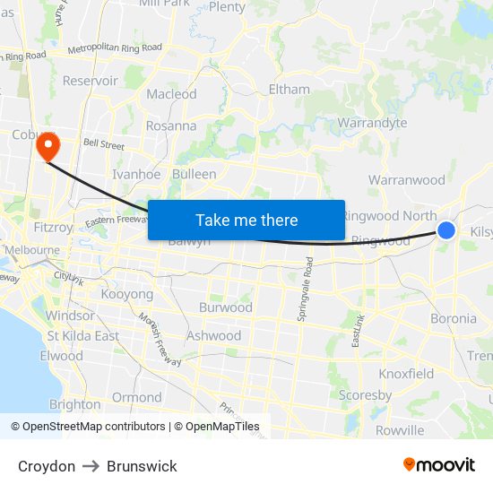 Croydon to Brunswick map