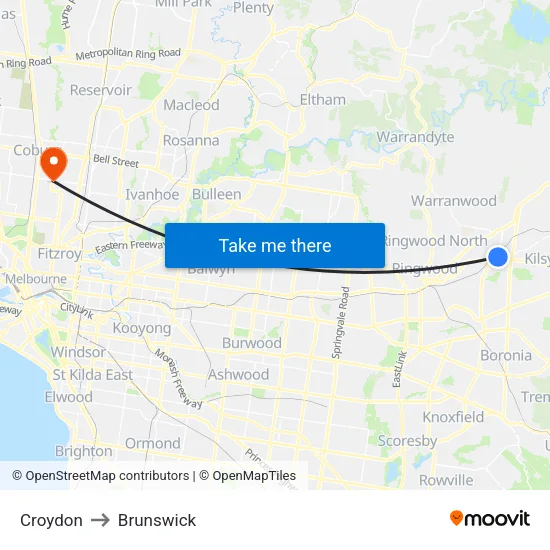 Croydon to Brunswick map