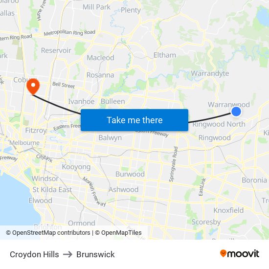 Croydon Hills to Brunswick map