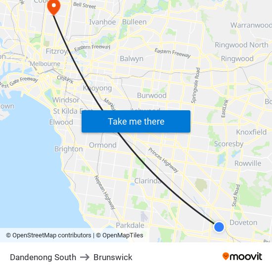 Dandenong South to Brunswick map