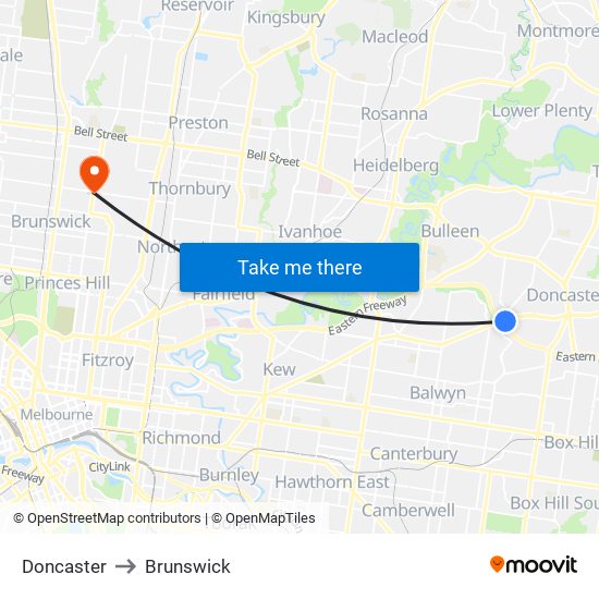 Doncaster to Brunswick map