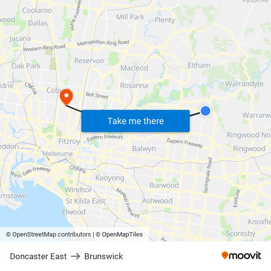 Doncaster East to Brunswick map