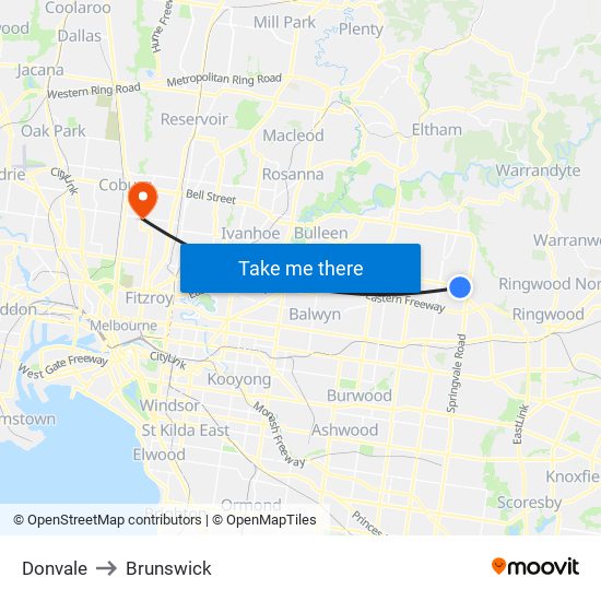 Donvale to Brunswick map