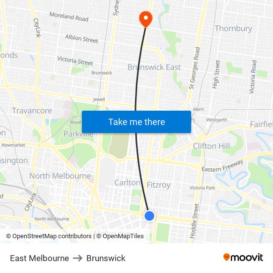 East Melbourne to Brunswick map