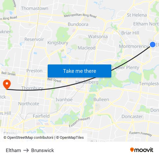 Eltham to Brunswick map