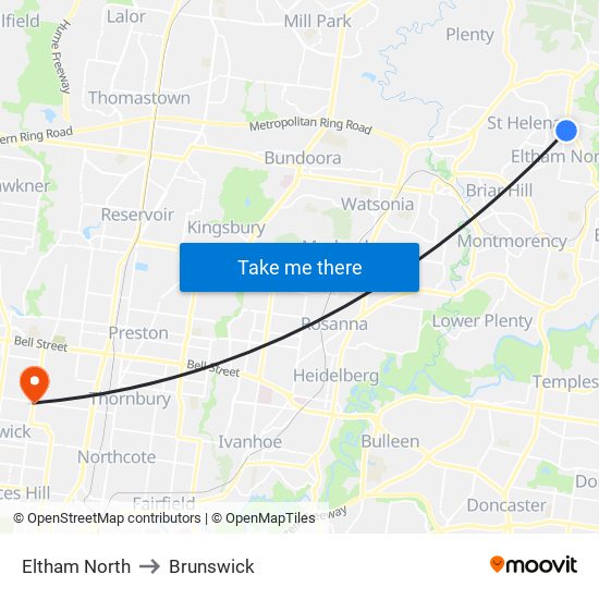 Eltham North to Brunswick map