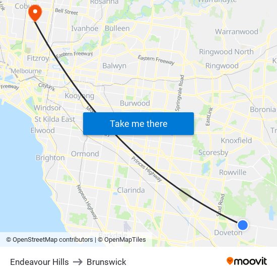 Endeavour Hills to Brunswick map