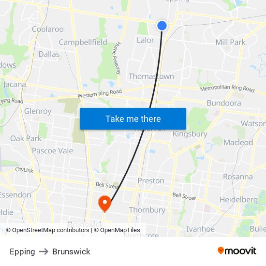 Epping to Brunswick map