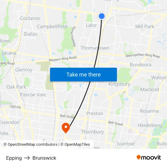 Epping to Brunswick map