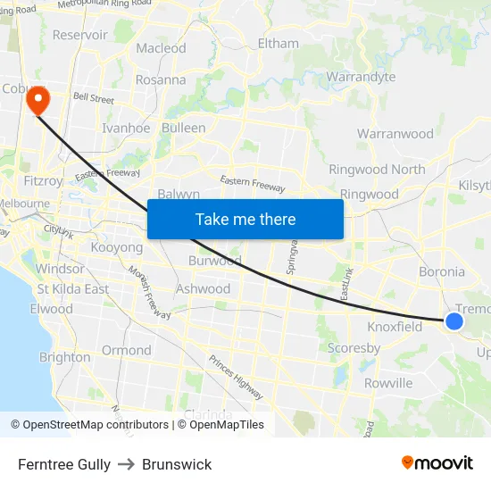 Ferntree Gully to Brunswick map