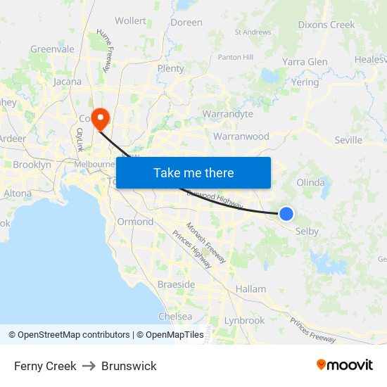 Ferny Creek to Brunswick map