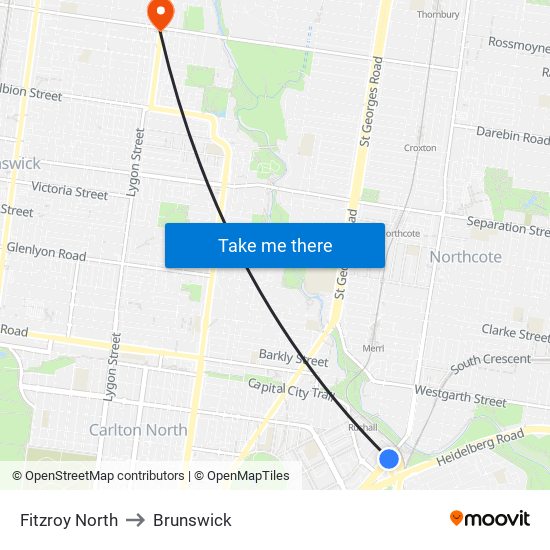 Fitzroy North to Brunswick map