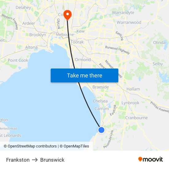 Frankston to Brunswick map