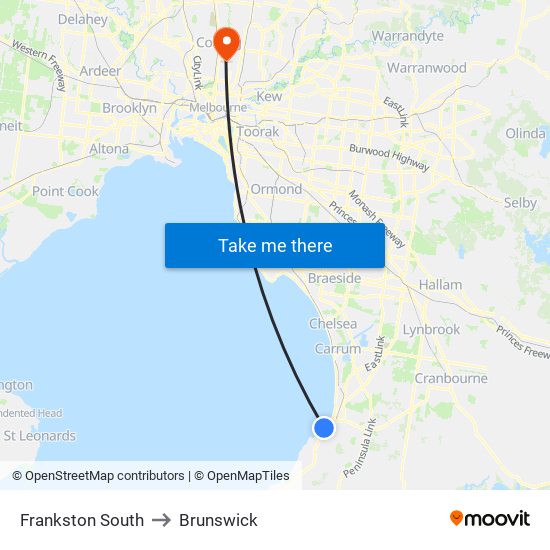 Frankston South to Brunswick map