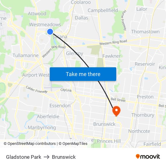 Gladstone Park to Brunswick map