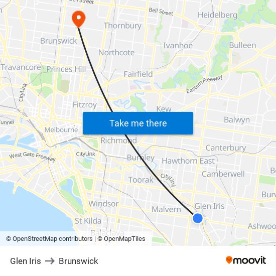 Glen Iris to Brunswick map