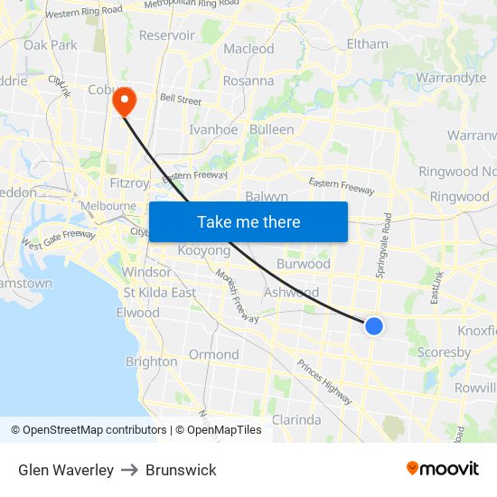 Glen Waverley to Brunswick map