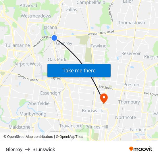 Glenroy to Brunswick map