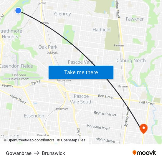 Gowanbrae to Brunswick map