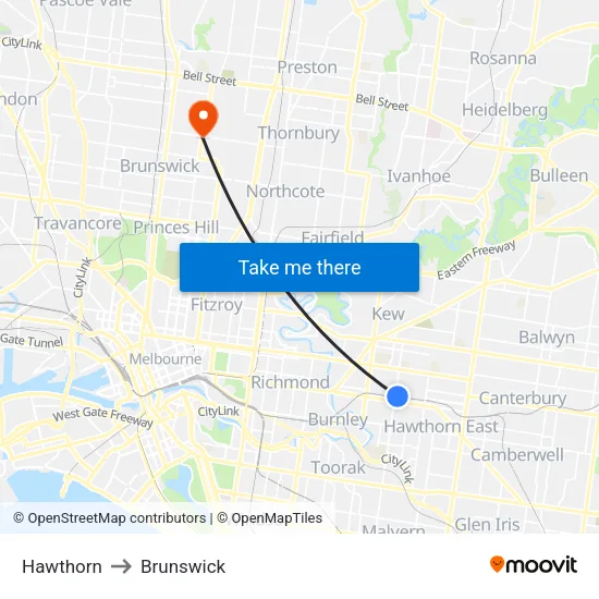 Hawthorn to Brunswick map