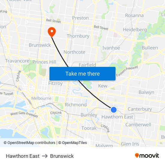 Hawthorn East to Brunswick map