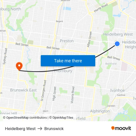 Heidelberg West to Brunswick map