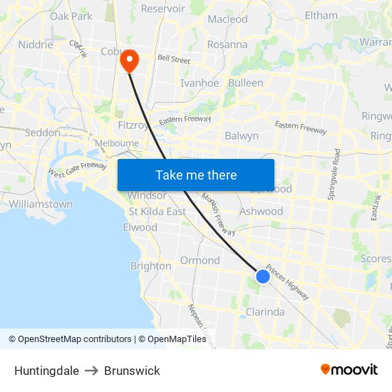 Huntingdale to Brunswick map